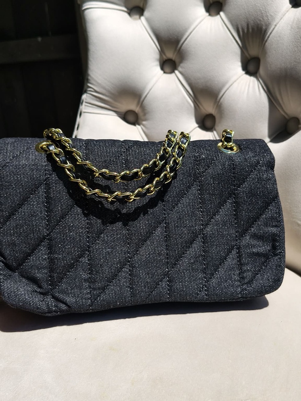 Luxury Quilted Black Denim Shoulder Bag with Gold Hardware - Picture 3 of 6